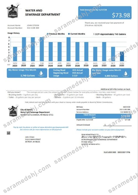 USA Ohio City of Detroit water utility bill template in Word and PDF format